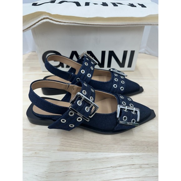 Ganni Size 39 Double-Buckled Blue Denim Ballerina Shoes Flats - NEW - Picture 6 of 11
